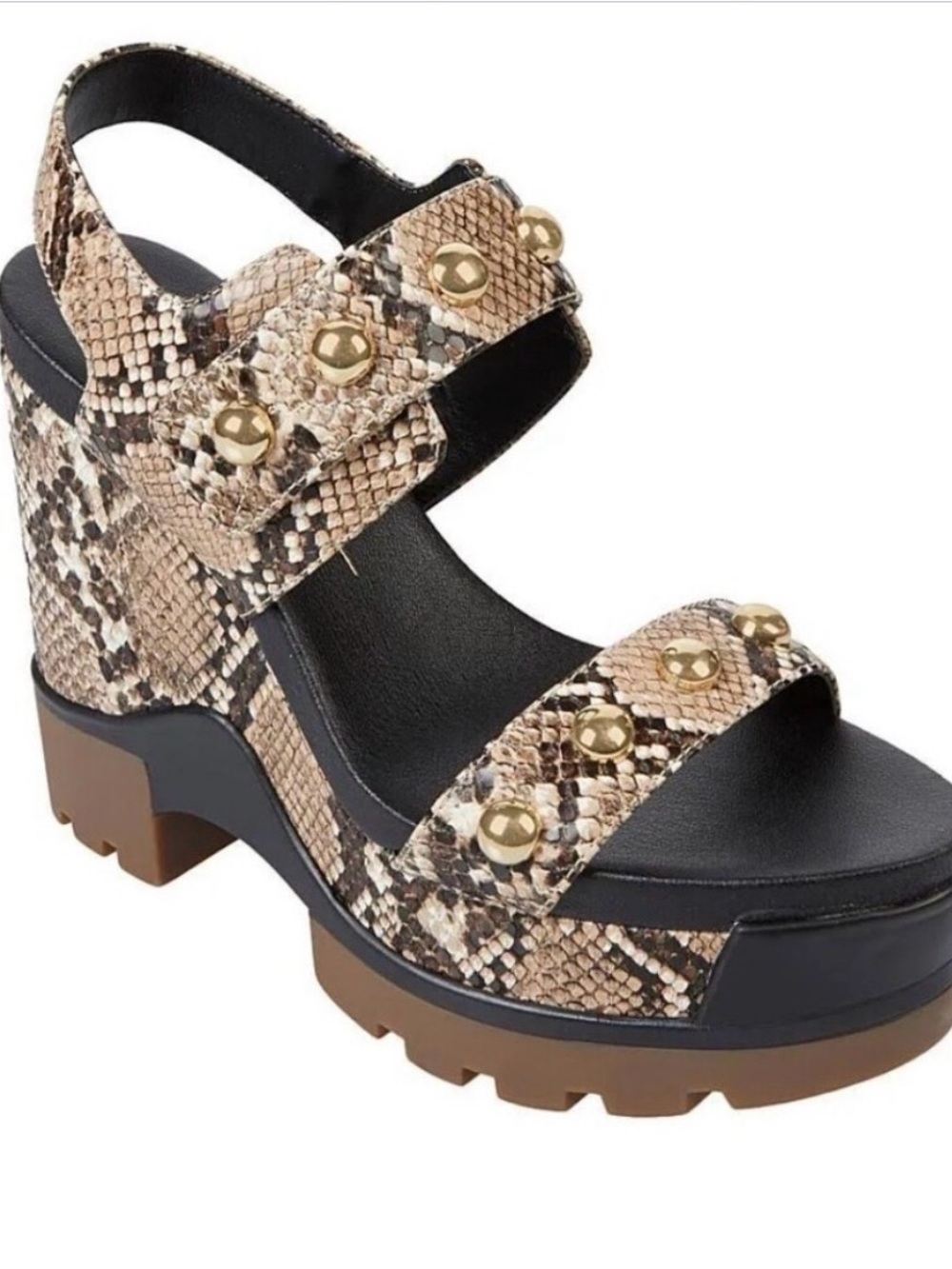 Chunky Snake-Print Platform Sandal with Gold Studs - Beige Sz 7.5/38